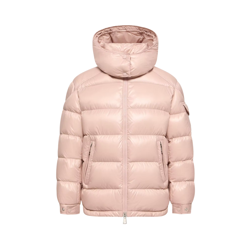 Doudoune courte à capuche MONCLER Maire nylon laqué brillant rose
