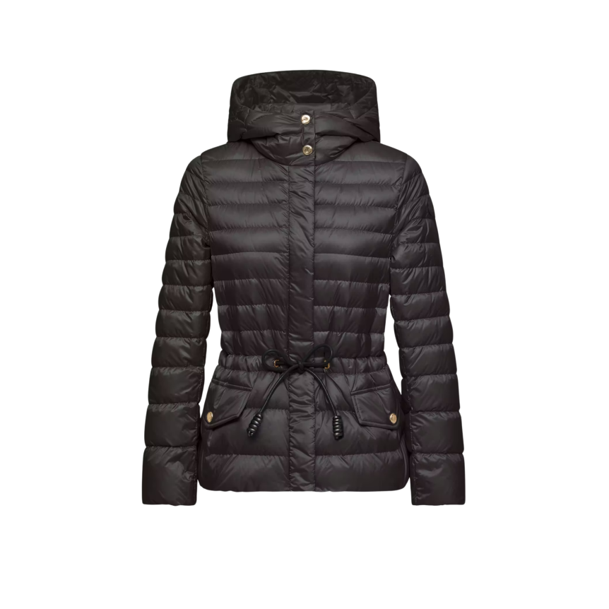 Doudoune courte à capuche MONCLER Raies raies nylon noir cintrée cordon