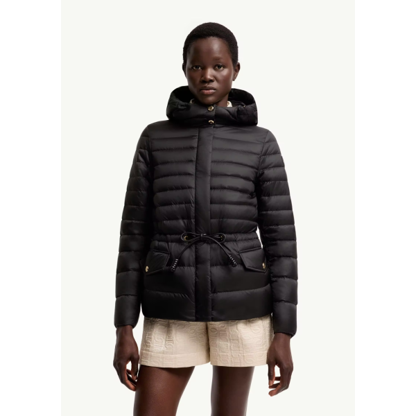 Doudoune courte à capuche MONCLER Raies raies nylon noir cintrée cordon