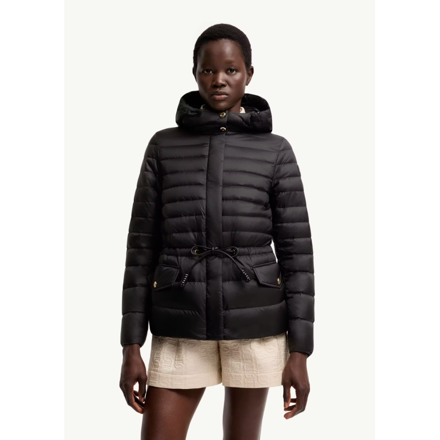 Doudoune courte à capuche MONCLER Raies raies nylon noir cintrée cordon