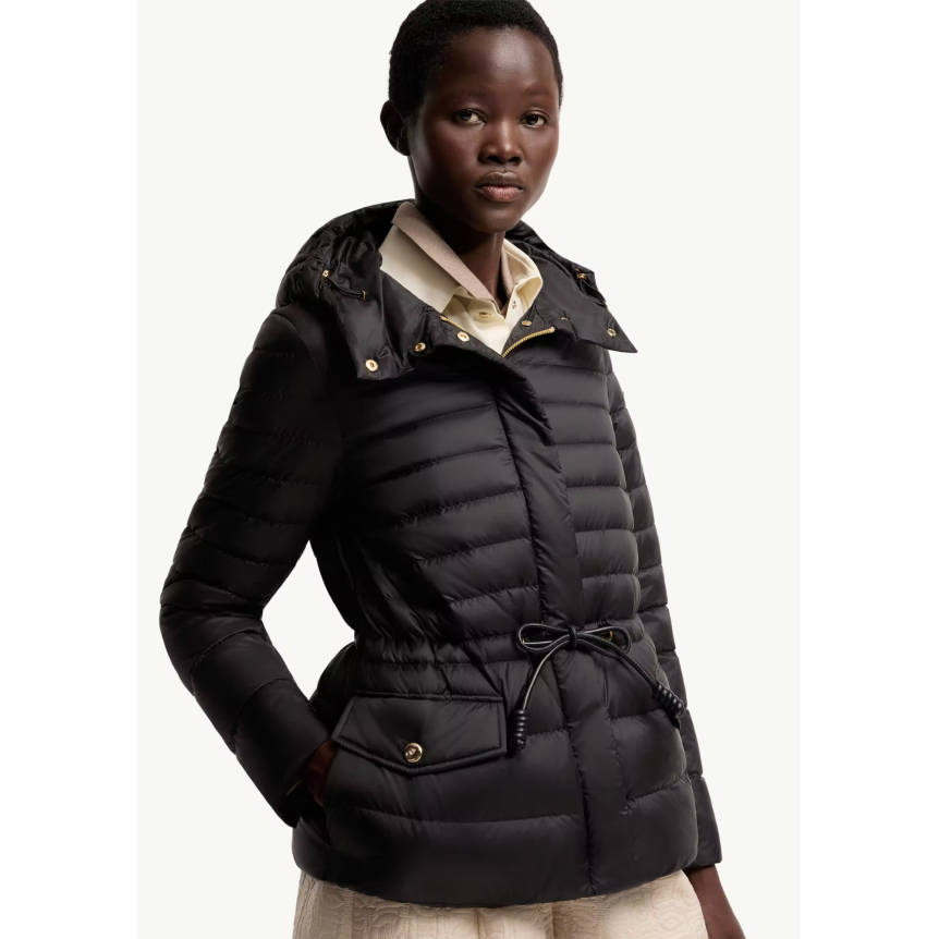 Doudoune courte à capuche MONCLER Raies raies nylon noir cintrée cordon
