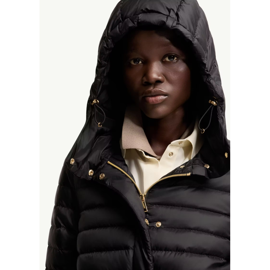 Doudoune courte à capuche MONCLER Raies raies nylon noir cintrée cordon