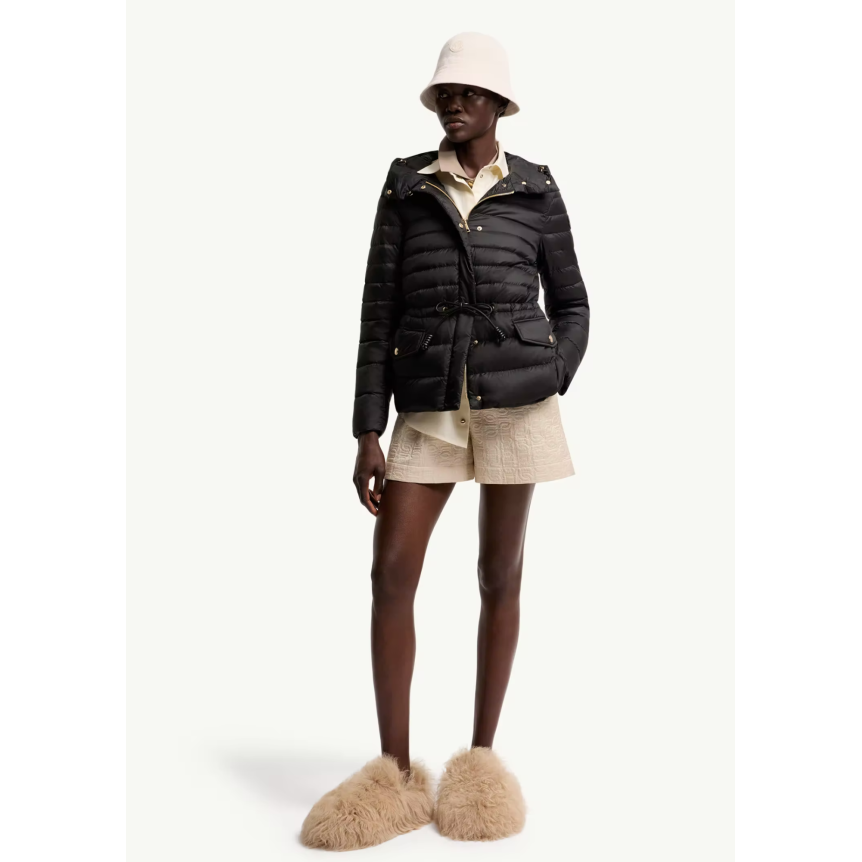 Doudoune courte à capuche MONCLER Raies raies nylon noir cintrée cordon