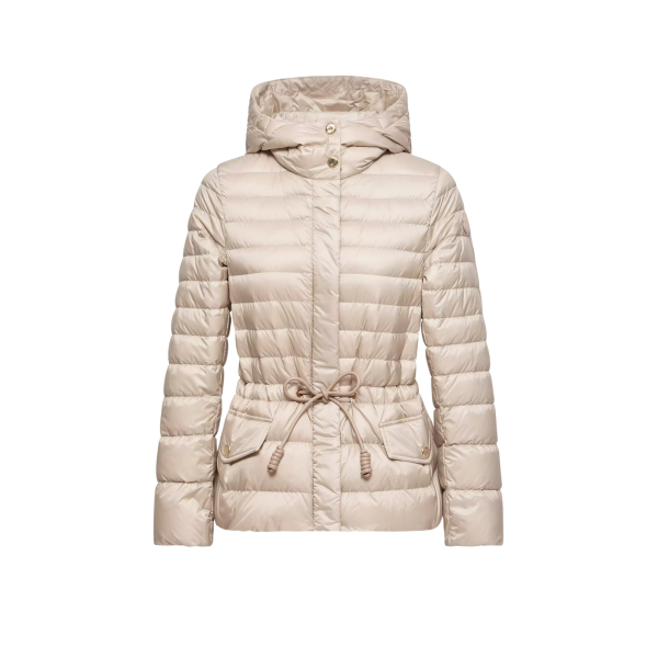 Doudoune courte à capuche MONCLER Raies raies nylon beige taupe cintrée cordon