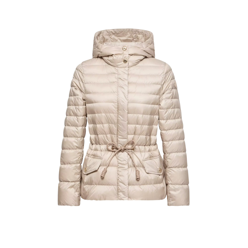 Doudoune courte à capuche MONCLER Raies raies nylon beige taupe cintrée cordon