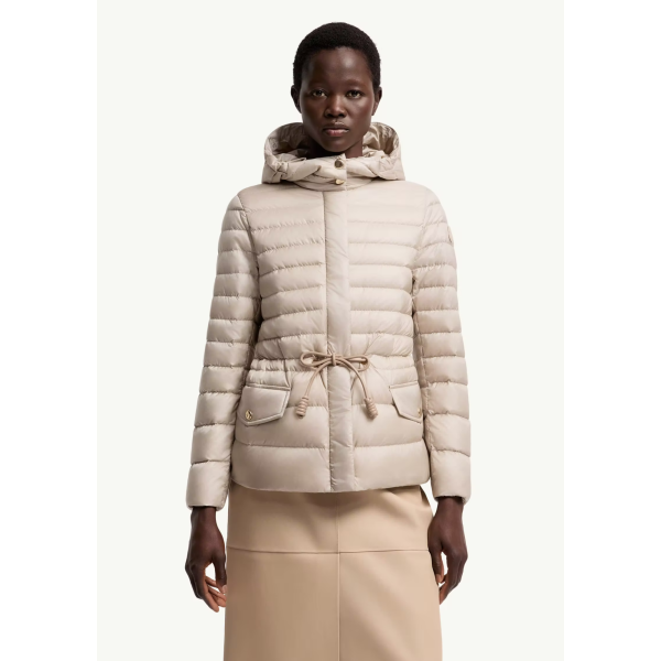 Doudoune courte à capuche MONCLER Raies raies nylon beige taupe cintrée cordon