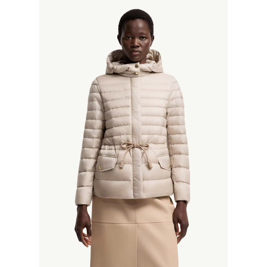 Doudoune courte à capuche MONCLER Raies raies nylon beige taupe cintrée cordon