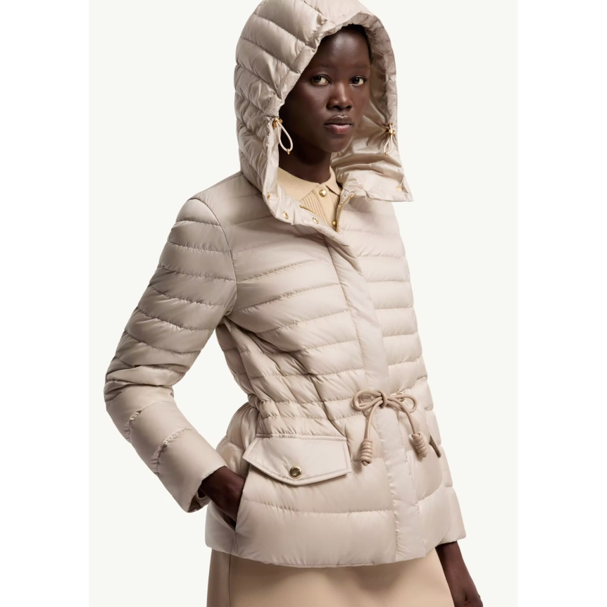 Doudoune courte à capuche MONCLER Raies raies nylon beige taupe cintrée cordon