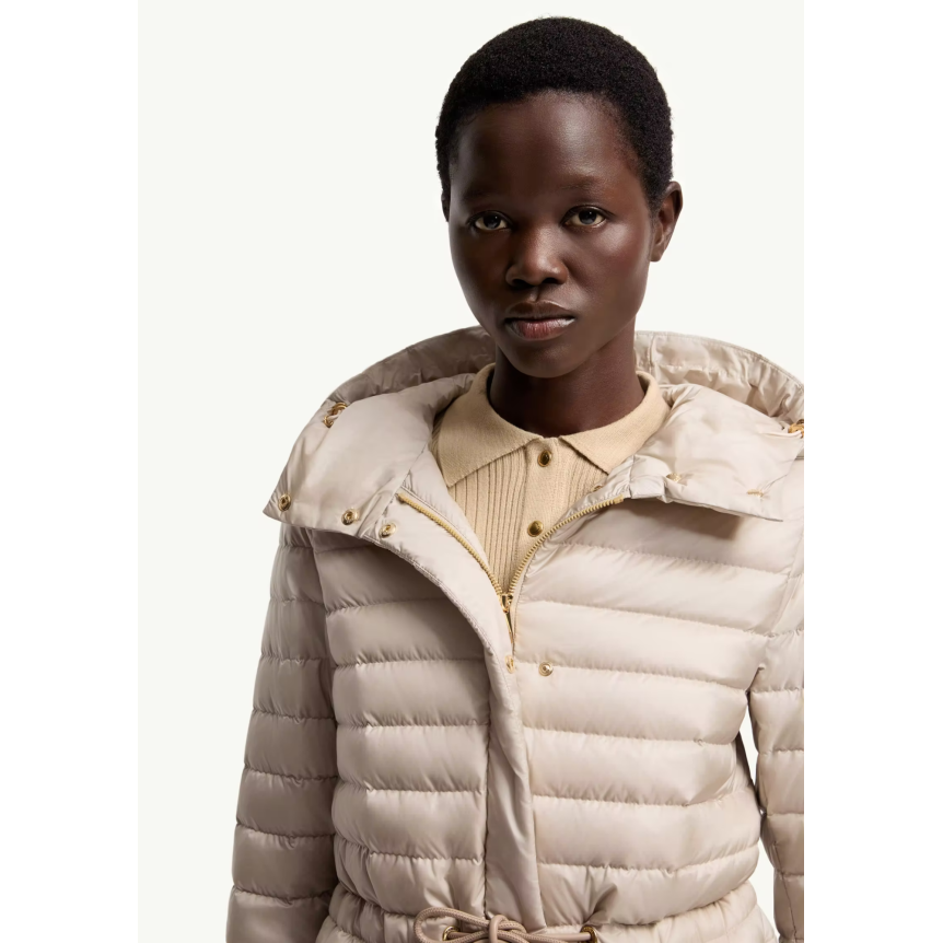 Doudoune courte à capuche MONCLER Raies raies nylon beige taupe cintrée cordon