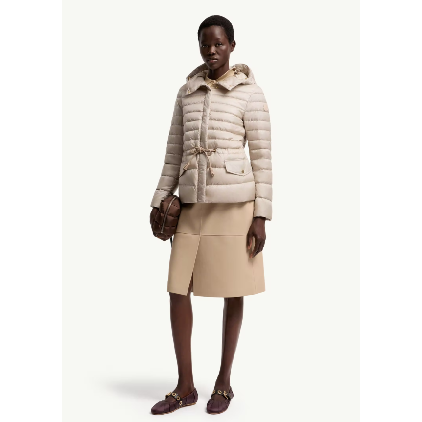 Doudoune courte à capuche MONCLER Raies raies nylon beige taupe cintrée cordon