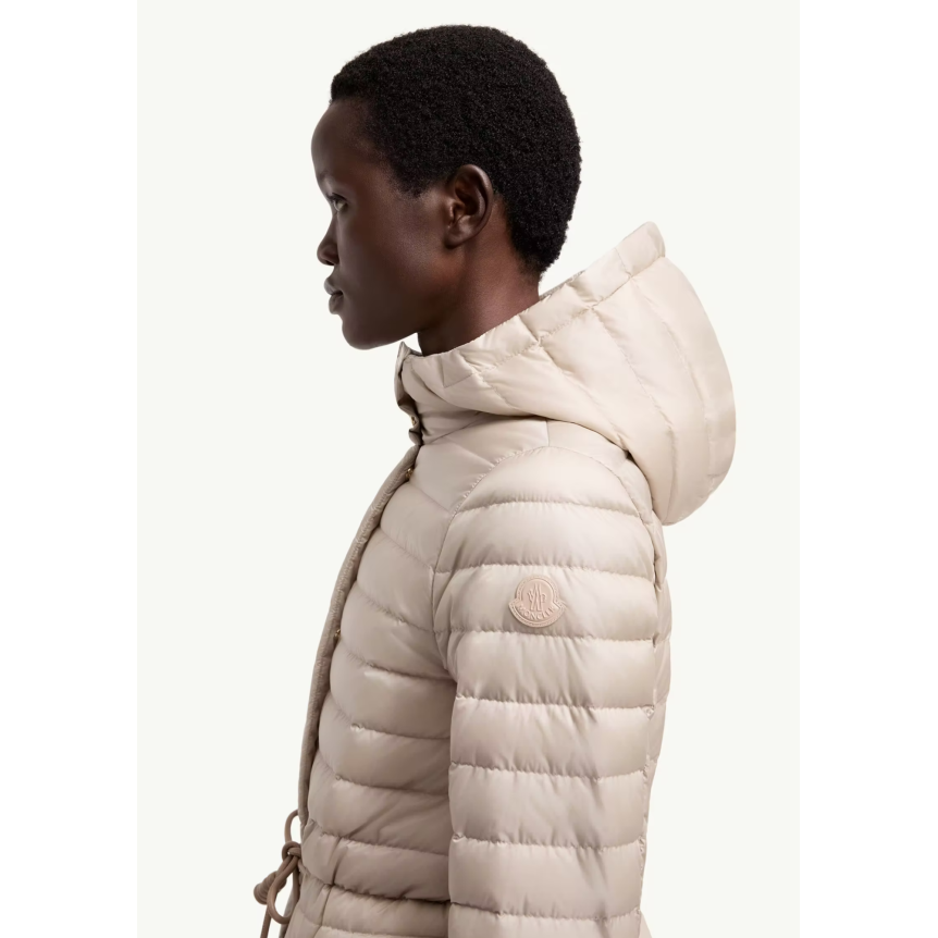 Doudoune courte à capuche MONCLER Raies raies nylon beige taupe cintrée cordon