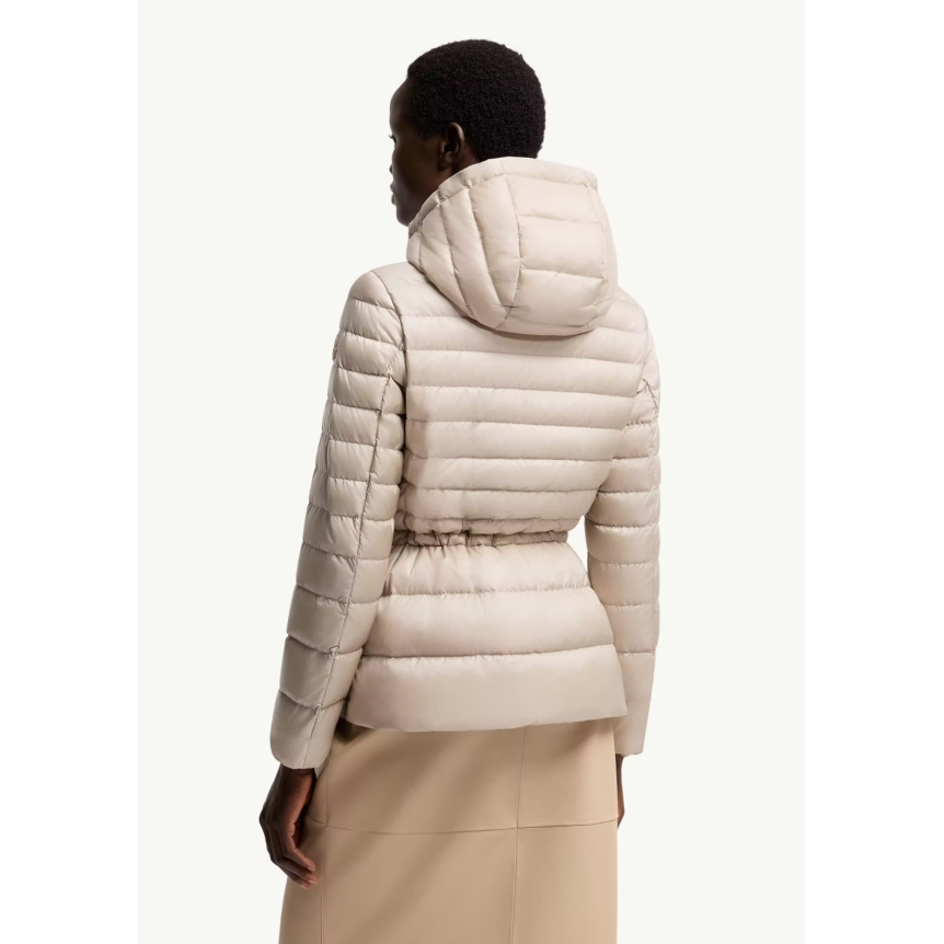 Doudoune courte à capuche MONCLER Raies raies nylon beige taupe cintrée cordon
