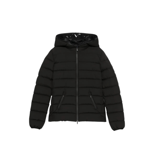 Doudoune fine à capuche MONCLER Herbes nylon noir mat col logo brillant