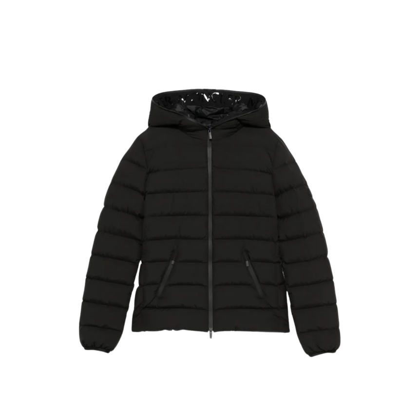 Doudoune fine à capuche MONCLER Herbes nylon noir mat col logo brillant
