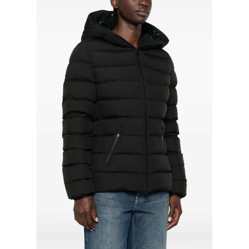 Doudoune fine à capuche MONCLER Herbes nylon noir mat col logo brillant