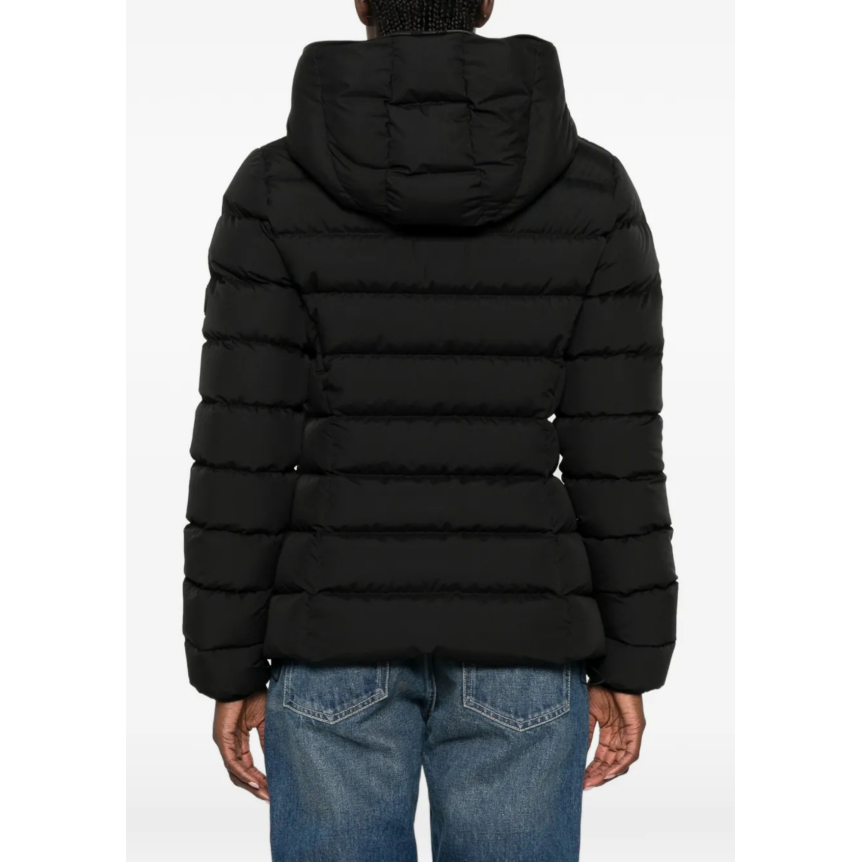 Doudoune fine à capuche MONCLER Herbes nylon noir mat col logo brillant