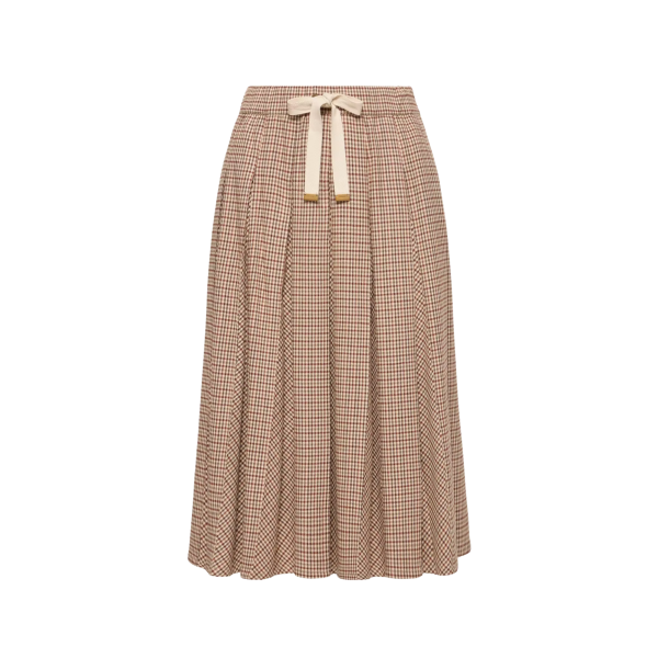 Jupe midi plissée MONCLER en laine à petits carreaux pied de poule marron rouge
