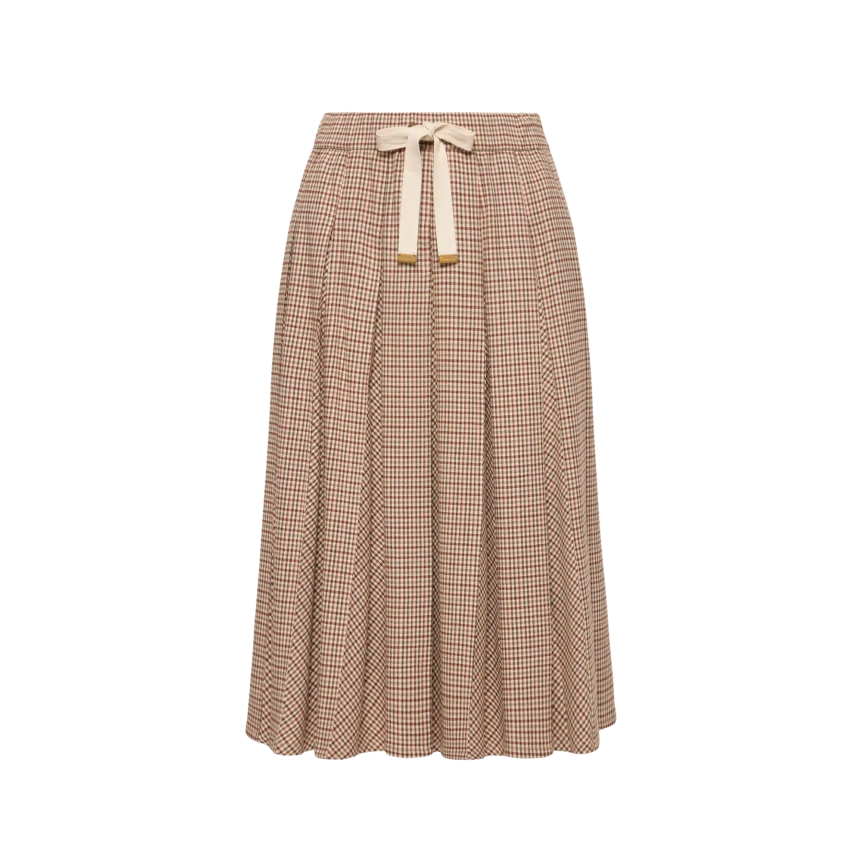Jupe midi plissée MONCLER en laine à petits carreaux pied de poule marron rouge
