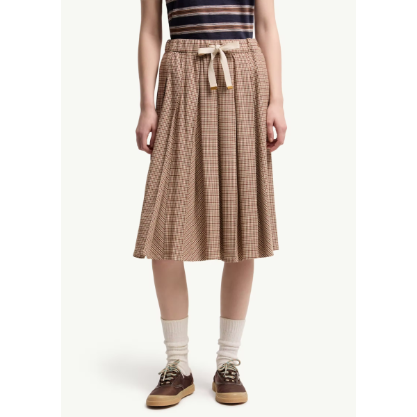 Jupe midi plissée MONCLER en laine à petits carreaux pied de poule marron rouge