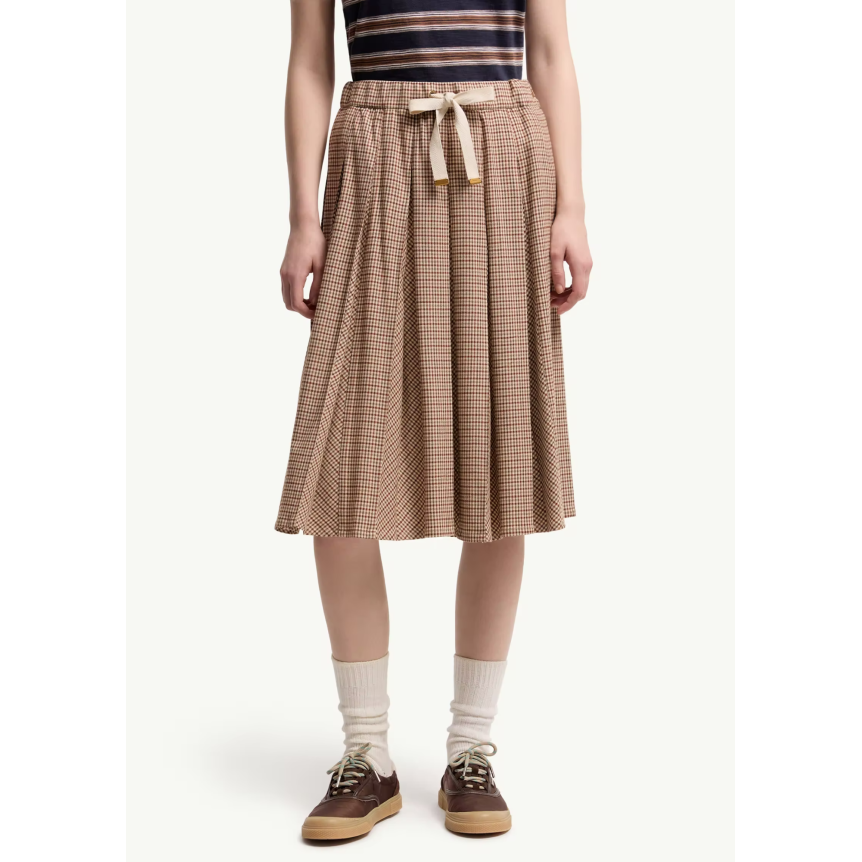 Jupe midi plissée MONCLER en laine à petits carreaux pied de poule marron rouge
