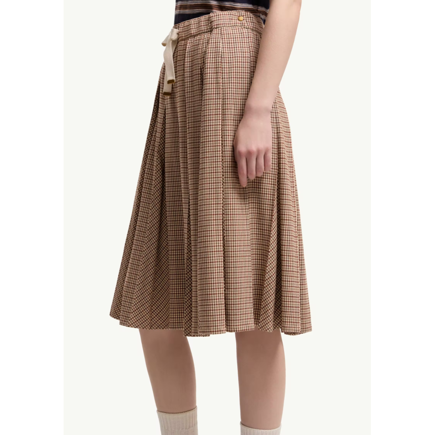 Jupe midi plissée MONCLER en laine à petits carreaux pied de poule marron rouge