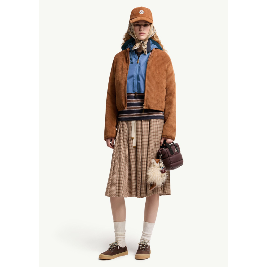 Jupe midi plissée MONCLER en laine à petits carreaux pied de poule marron rouge