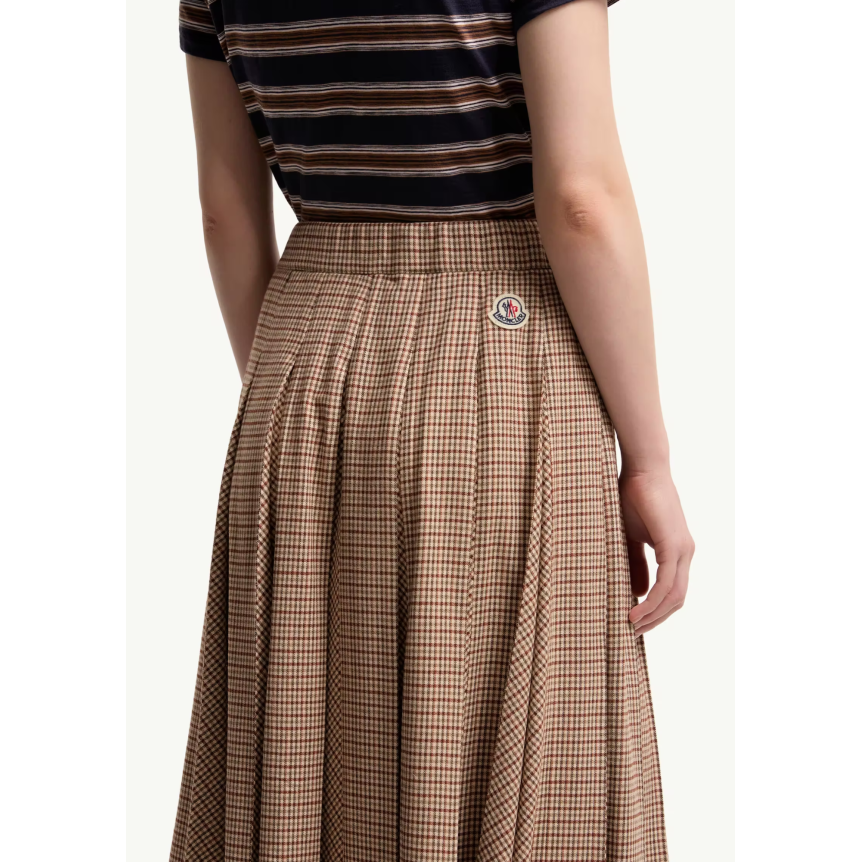 Jupe midi plissée MONCLER en laine à petits carreaux pied de poule marron rouge