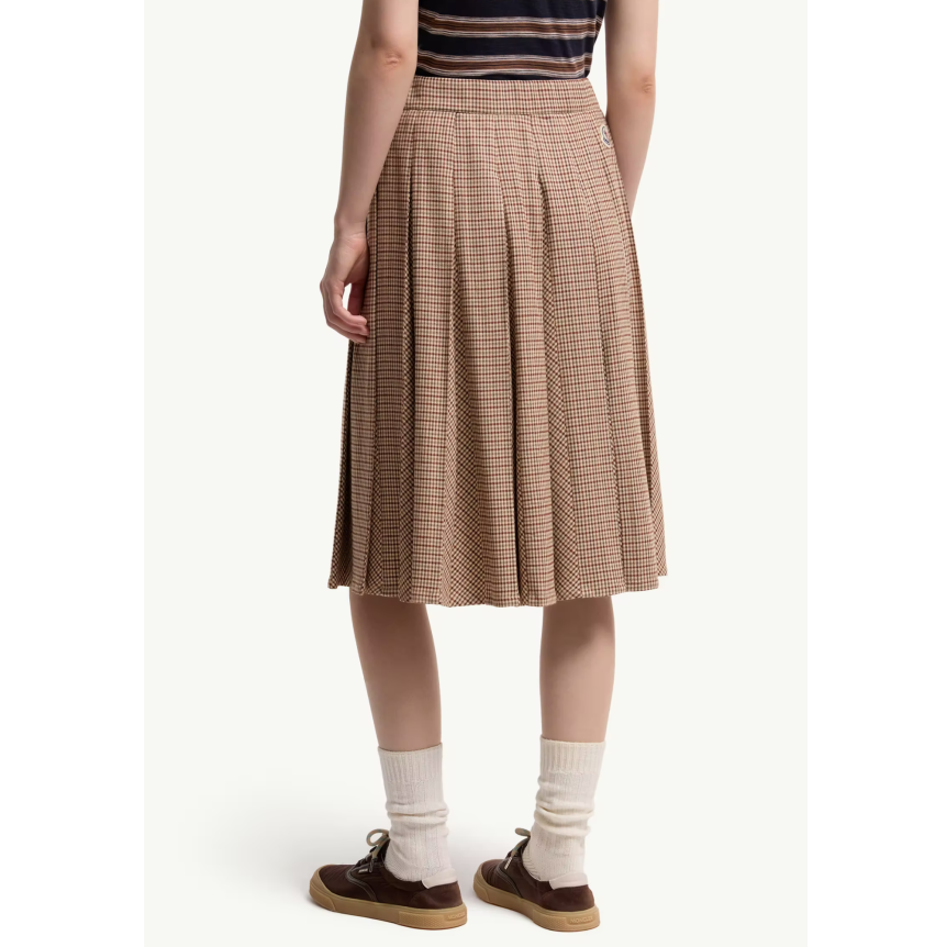 Jupe midi plissée MONCLER en laine à petits carreaux pied de poule marron rouge