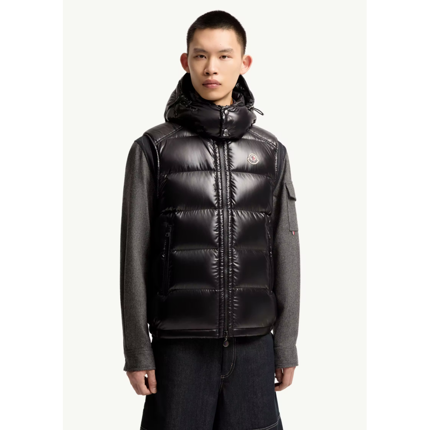 Gilet Doudoune sans manches MONCLER Bormes à capuche nylon brillant noir