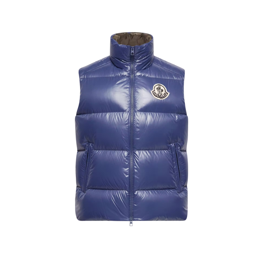 Gilet sans manche Doudoune MONCLER Belice nylon brillant bleu roi intérieur kaki
