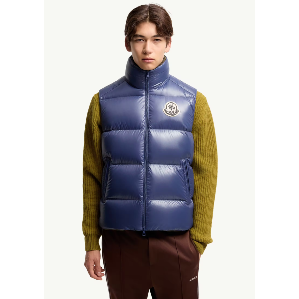 Gilet sans manche Doudoune MONCLER Belice nylon brillant bleu roi intérieur kaki