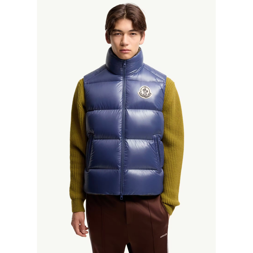 Gilet sans manche Doudoune MONCLER Belice nylon brillant bleu roi intérieur kaki