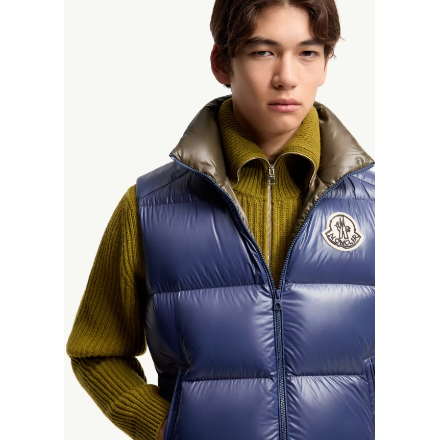 Gilet sans manche Doudoune MONCLER Belice nylon brillant bleu roi intérieur kaki