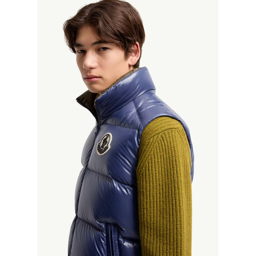 Gilet sans manche Doudoune MONCLER Belice nylon brillant bleu roi intérieur kaki