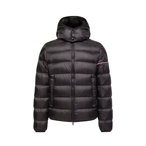 Doudoune courte à capuche MONCLER Ravenlock nylon mat noir bande manche tricolore
