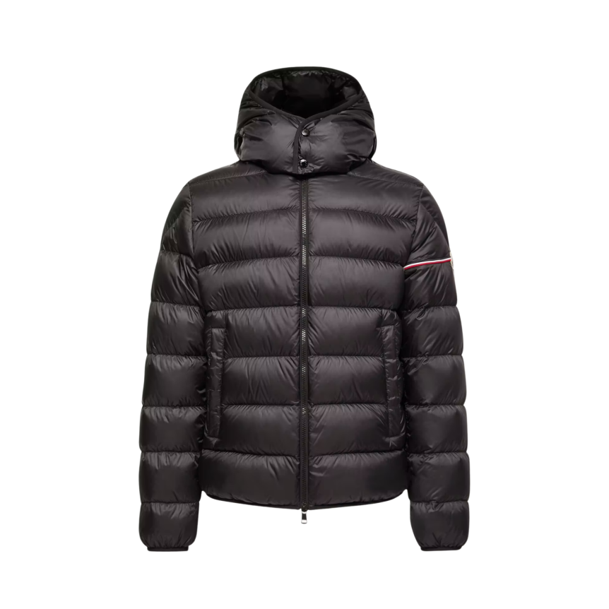 Doudoune courte à capuche MONCLER Ravenlock nylon mat noir bande manche tricolore