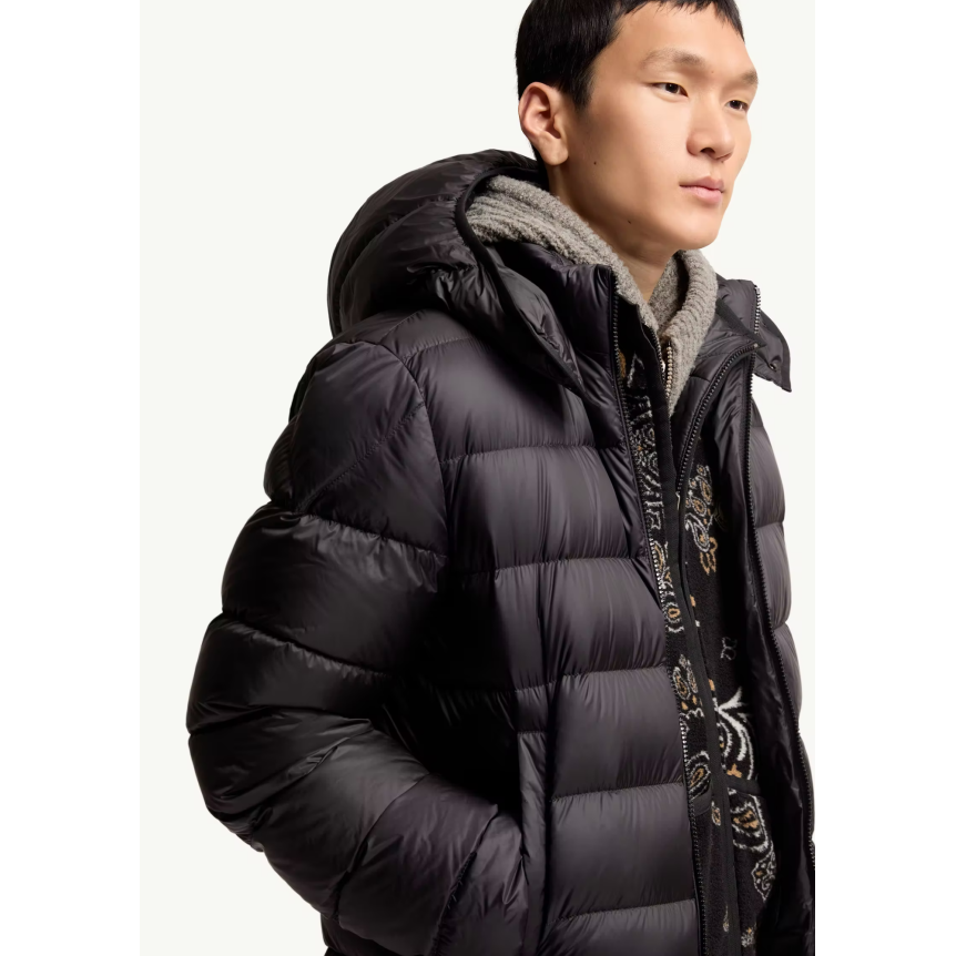 Doudoune courte à capuche MONCLER Ravenlock nylon mat noir bande manche tricolore
