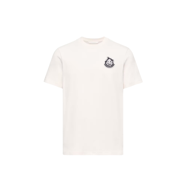T-shirt manche courte MONCLER col rond coton blanc broderie logo Smiley