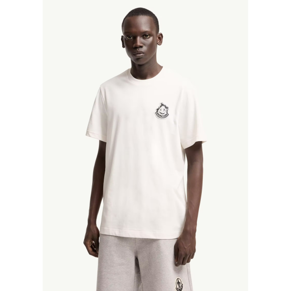 T-shirt manche courte MONCLER col rond coton blanc broderie logo Smiley