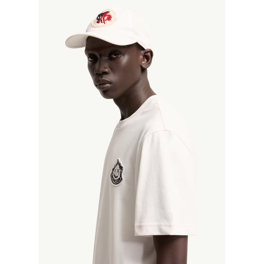 T-shirt manche courte MONCLER col rond coton blanc broderie logo Smiley
