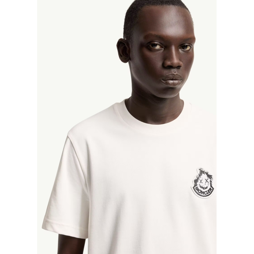 T-shirt manche courte MONCLER col rond coton blanc broderie logo Smiley