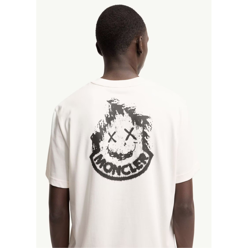 T-shirt manche courte MONCLER col rond coton blanc broderie logo Smiley
