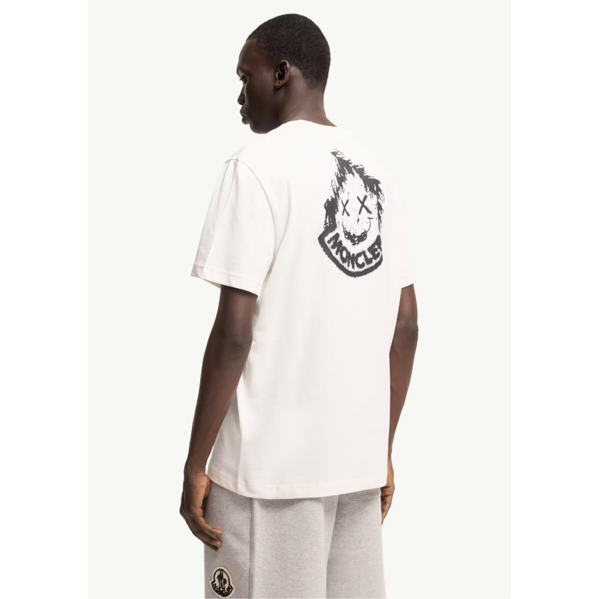 T-shirt manche courte MONCLER col rond coton blanc broderie logo Smiley