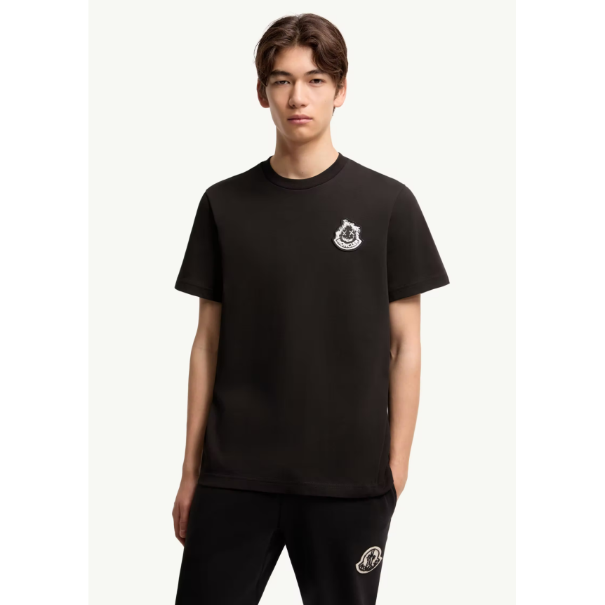 T-shirt MONCLER manche courte col rond coton noir broderie logo Smiley
