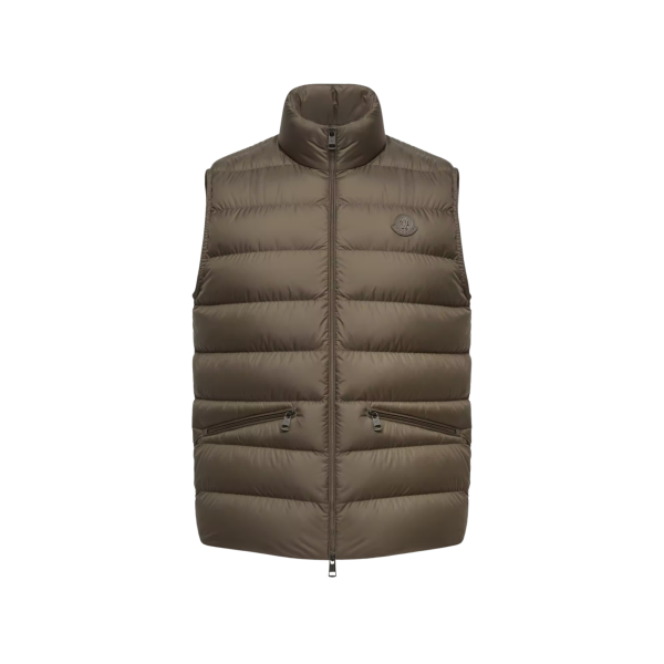 Gilet sans manches doudoune MONCLER Treompan nylon mat vert olive kaki logo cuir
