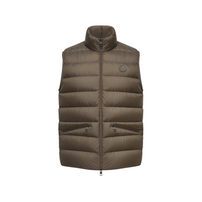 Gilet sans manches doudoune MONCLER Treompan nylon mat vert olive kaki logo cuir