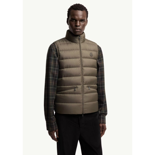 Gilet sans manches doudoune MONCLER Treompan nylon mat vert olive kaki logo cuir