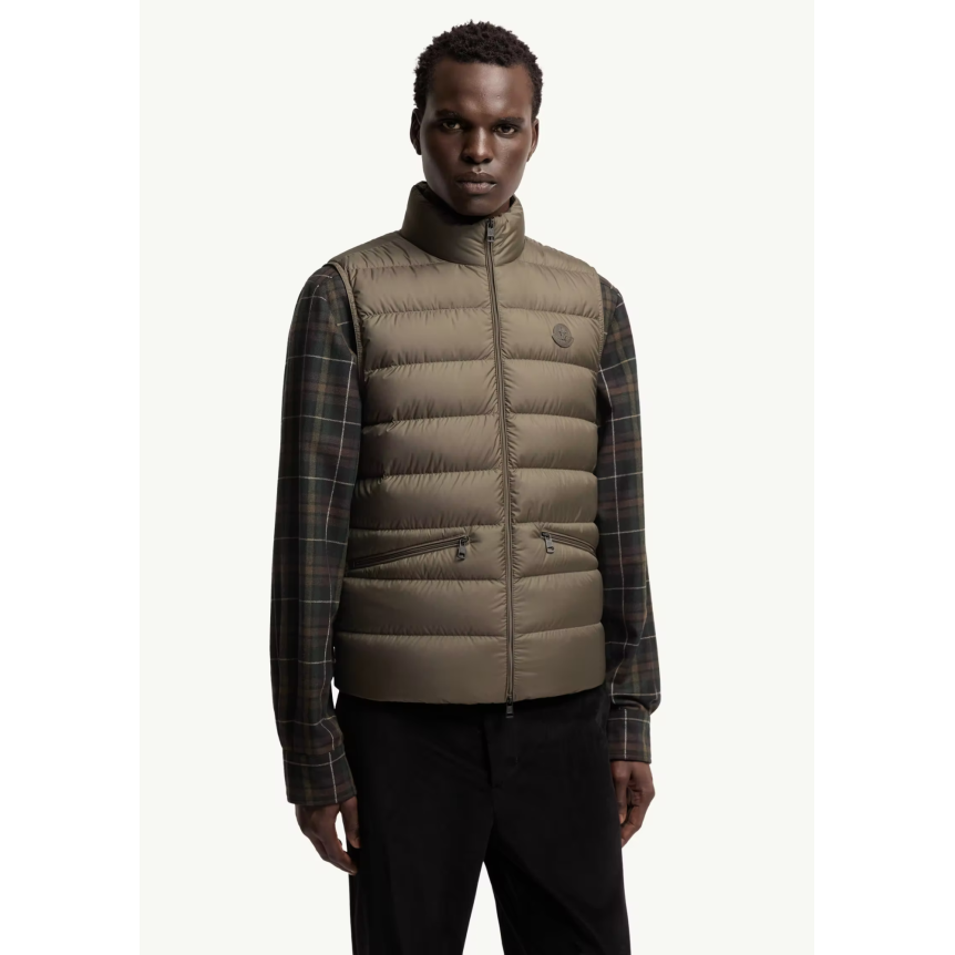 Gilet sans manches doudoune MONCLER Treompan nylon mat vert olive kaki logo cuir