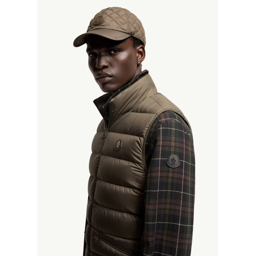 Gilet sans manches doudoune MONCLER Treompan nylon mat vert olive kaki logo cuir