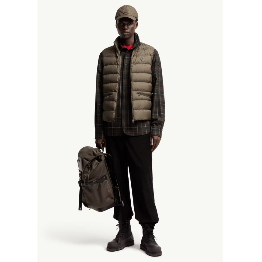 Gilet sans manches doudoune MONCLER Treompan nylon mat vert olive kaki logo cuir